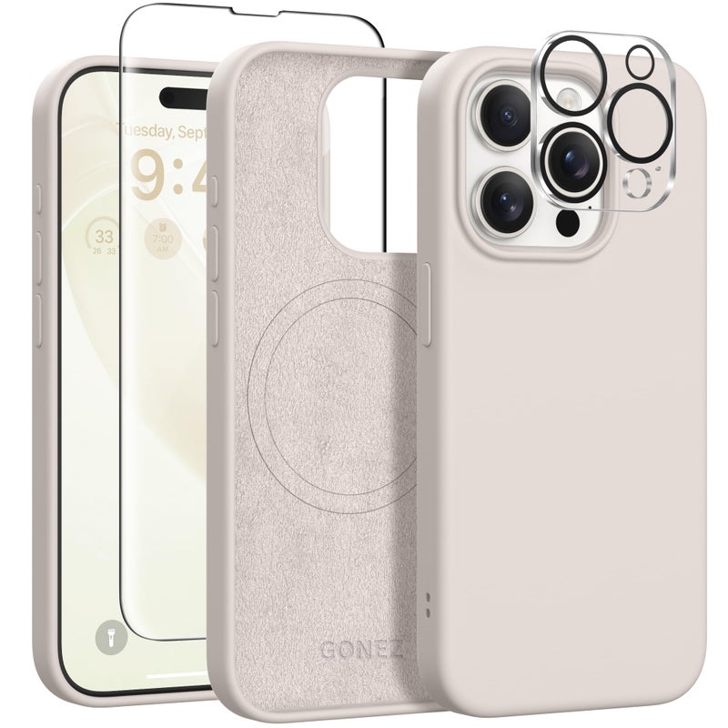 GONEZ for iPhone 15 Pro Max Case Silicone, Compatible with Magsafe, Camera Protector + Screen Protector, Soft Anti-Scratch Microfiber Lining, Liquid Silicone Shockproof Phone Cover, Stone - Image 1