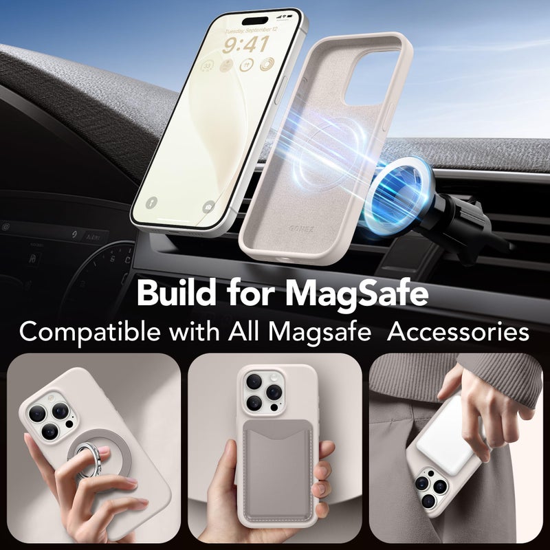 GONEZ for iPhone 15 Pro Max Case Silicone, Compatible with Magsafe, Camera Protector + Screen Protector, Soft Anti-Scratch Microfiber Lining, Liquid Silicone Shockproof Phone Cover, Stone - Image 4