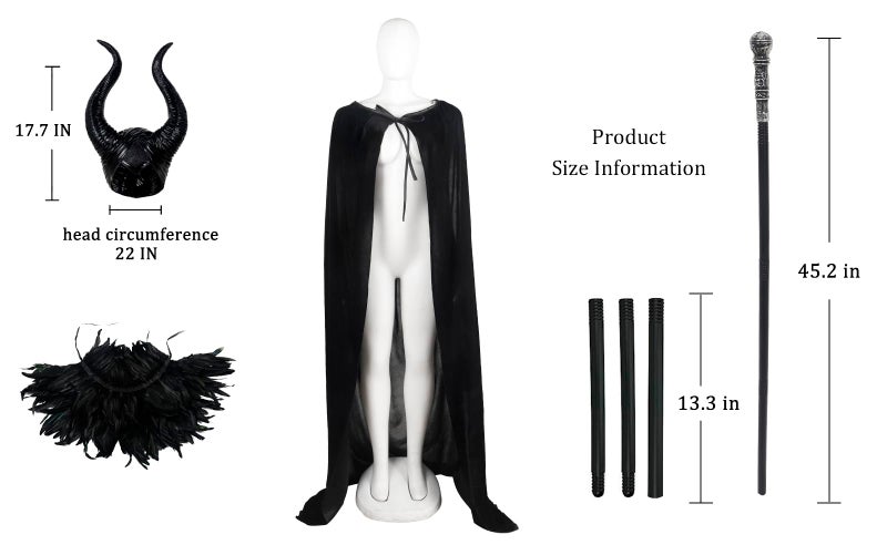 UQJE Black Gothic Witch Costume Raven Costume Halloween Feather Shawl Mesh Cape with Horns Set-Staff - Image 2