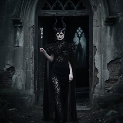 UQJE Black Gothic Witch Costume Raven Costume Halloween Feather Shawl Mesh Cape with Horns Set-Staff - Image 5