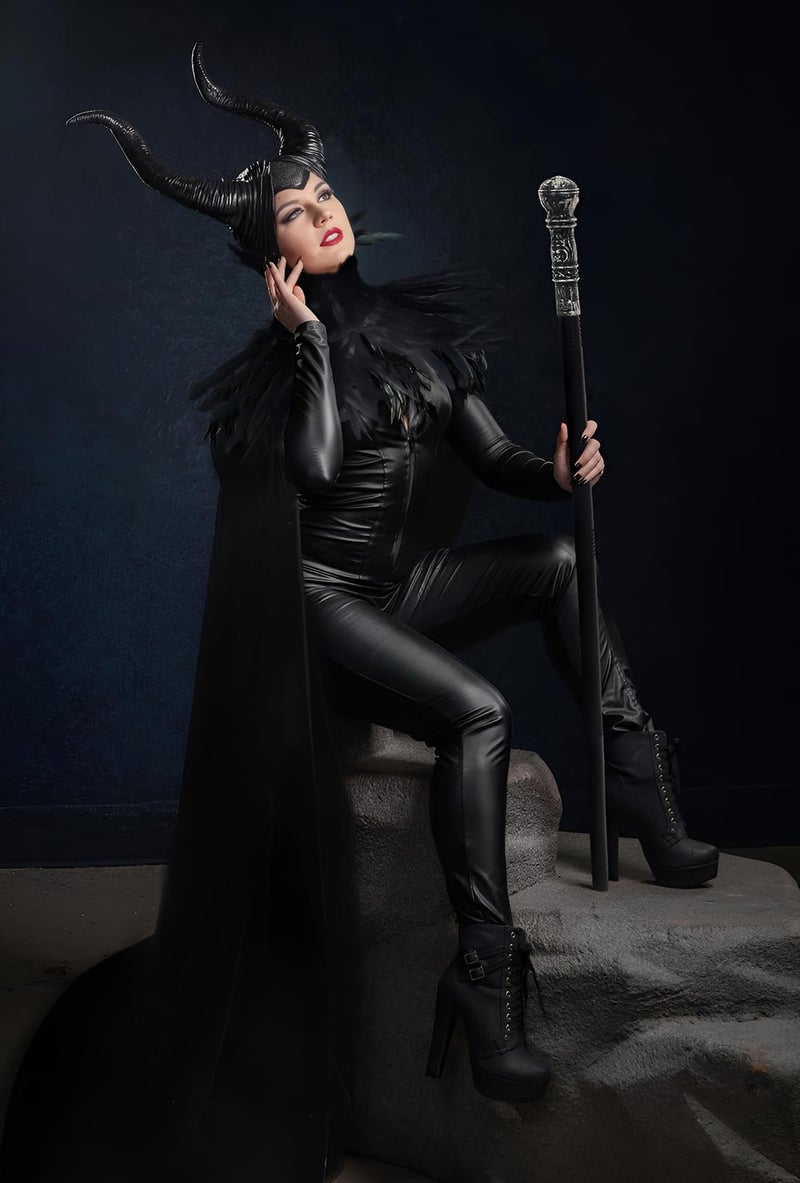 UQJE Black Gothic Witch Costume Raven Costume Halloween Feather Shawl Mesh Cape with Horns Set-Staff - Image 3