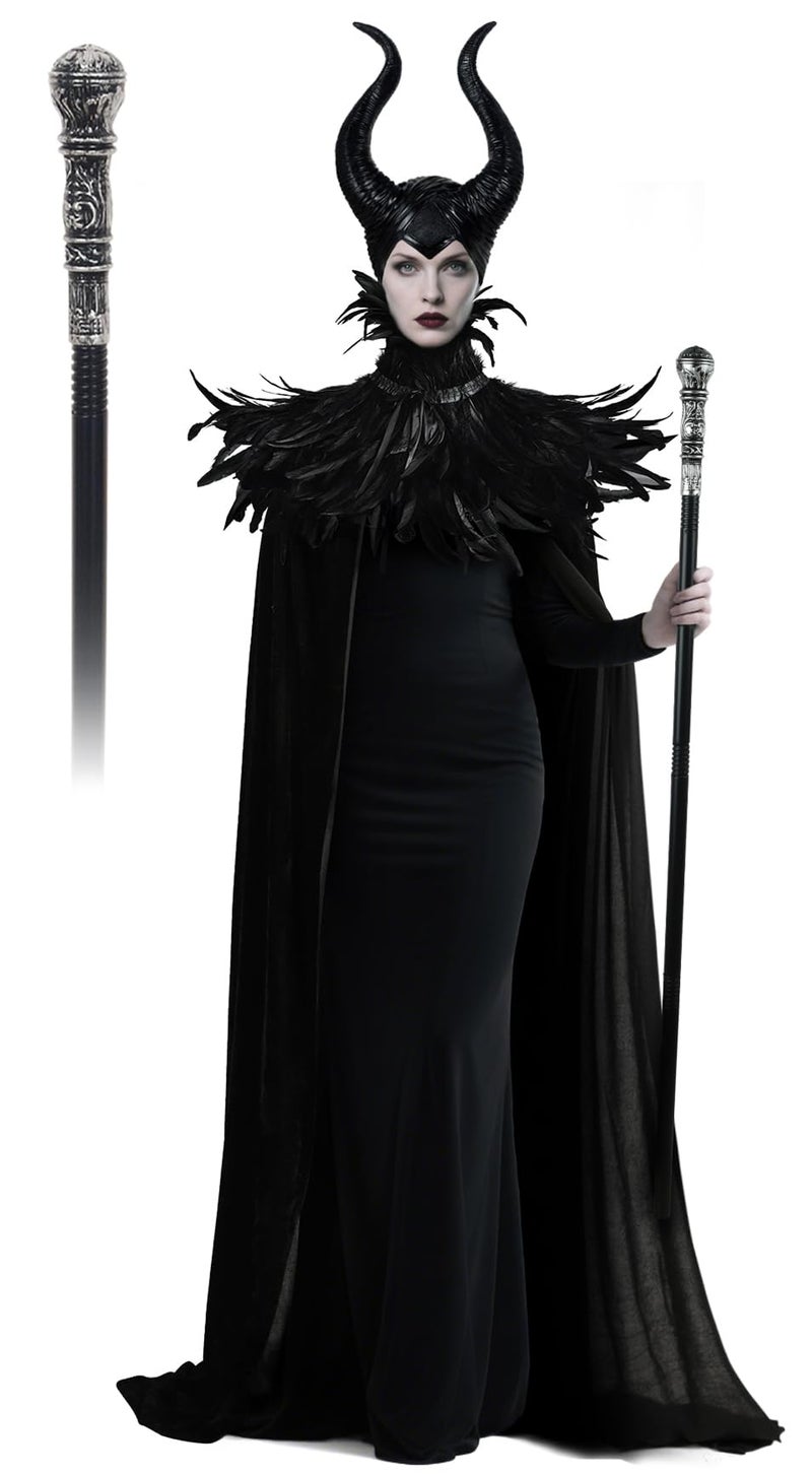 UQJE Black Gothic Witch Costume Raven Costume Halloween Feather Shawl Mesh Cape with Horns Set-Staff - Image 1