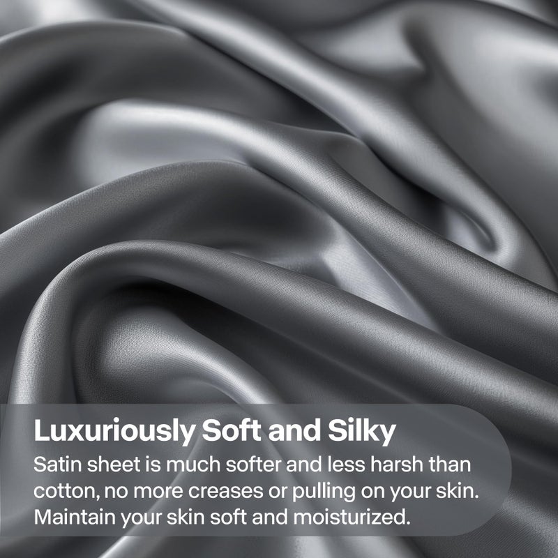 BEDELITE Satin Sheets Full Size Bed Set, Luxury Soft Dark Grey Silky Sheets for Hair and Skin, Similar to Silk Bed Sheets Set 4 Pieces with 1 Deep Pocket Fitted Sheet, 1 Flat Sheet, and 2 Pillowcases - Image 3