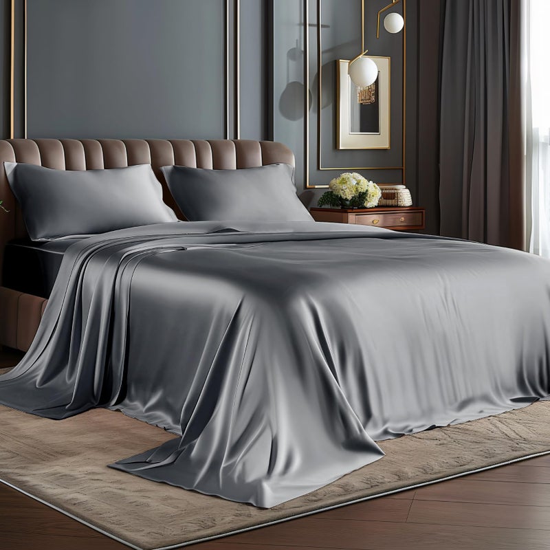 BEDELITE Satin Sheets Full Size Bed Set, Luxury Soft Dark Grey Silky Sheets for Hair and Skin, Similar to Silk Bed Sheets Set 4 Pieces with 1 Deep Pocket Fitted Sheet, 1 Flat Sheet, and 2 Pillowcases - Image 1