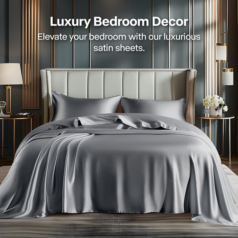 BEDELITE Satin Sheets Full Size Bed Set, Luxury Soft Dark Grey Silky Sheets for Hair and Skin, Similar to Silk Bed Sheets Set 4 Pieces with 1 Deep Pocket Fitted Sheet, 1 Flat Sheet, and 2 Pillowcases - Image 2