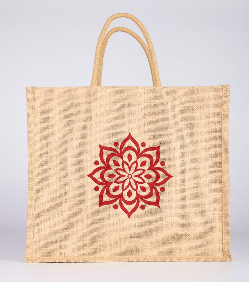 Soman Jute Ecofriendly Large(14x6x12inches) Return Gift Bags Rangoli Printed Natural Pack of 10 Bags - Image 4