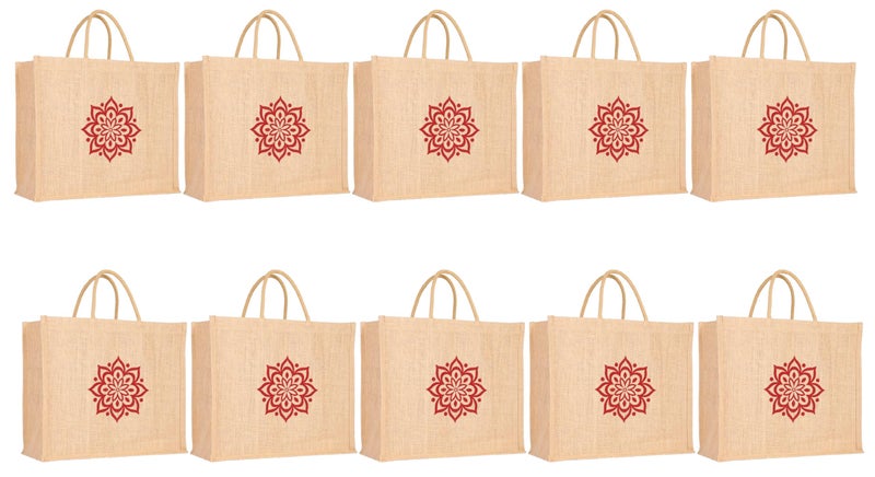 Soman Jute Ecofriendly Large(14x6x12inches) Return Gift Bags Rangoli Printed Natural Pack of 10 Bags - Image 1