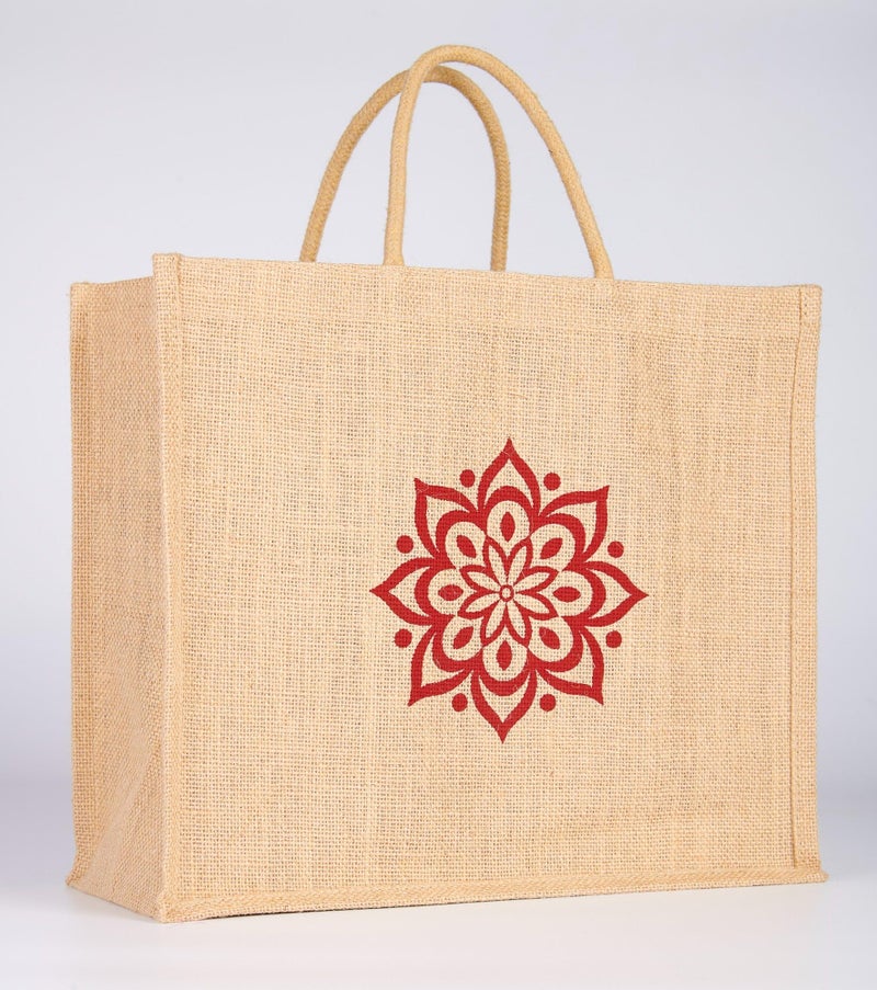 Soman Jute Ecofriendly Large(14x6x12inches) Return Gift Bags Rangoli Printed Natural Pack of 10 Bags - Image 3