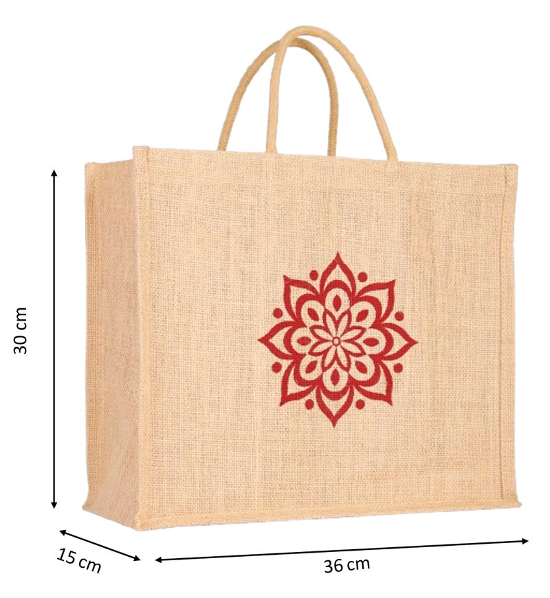 Soman Jute Ecofriendly Large(14x6x12inches) Return Gift Bags Rangoli Printed Natural Pack of 10 Bags - Image 2