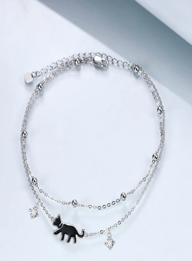 POPLYKE 925 Sterling Silver Black Cat Anklets Double Layered chain for Women birthdaySummer Beach Cat Jewelry - Image 5