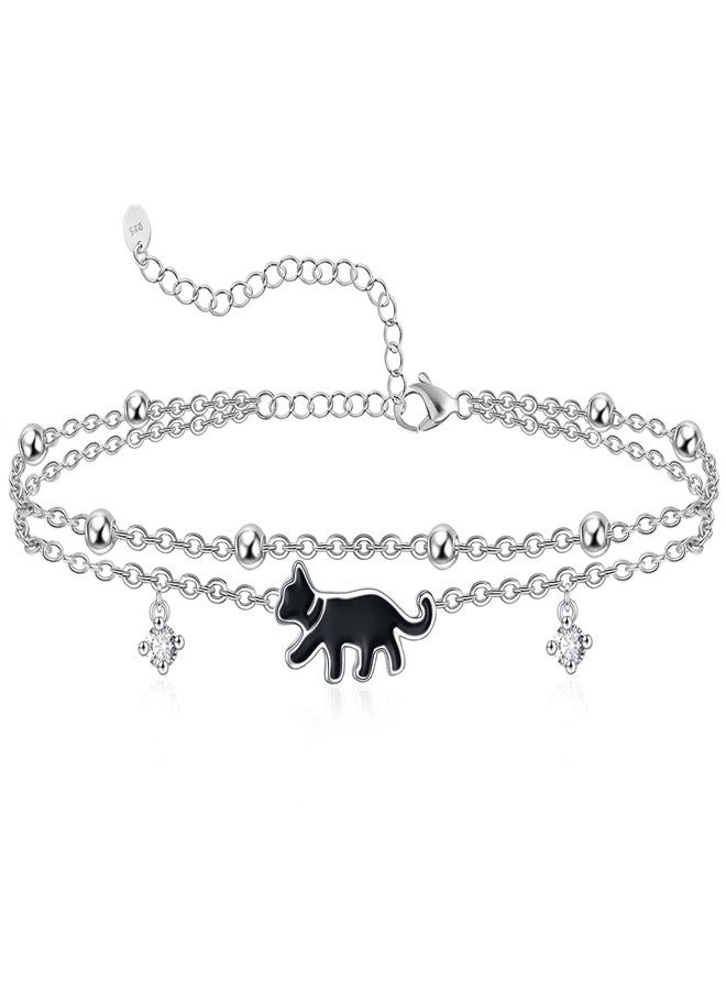 POPLYKE 925 Sterling Silver Black Cat Anklets Double Layered chain for Women birthdaySummer Beach Cat Jewelry - Image 1