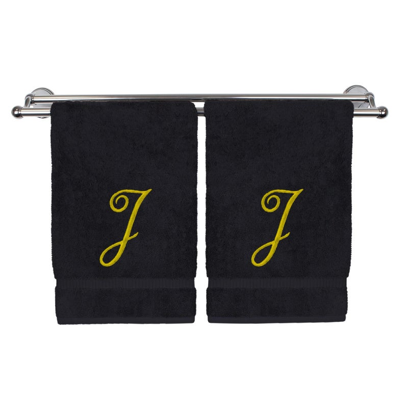 BC BARE COTTON Monogrammed Hand Towel  Personalized Gift  16 x 30 Inches - Extra Absorbent 100% Turkish Cotton- Soft Terry Finish - for Bathroom  Kitchen and Spa - Set of 2 Gold Script Embroidered Towel J on Black - Image 1