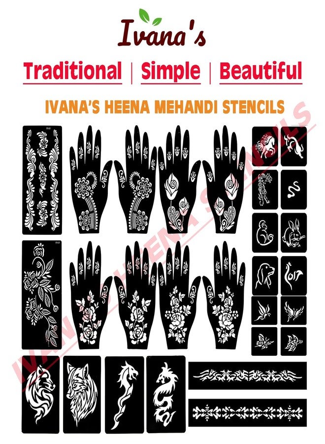 إيفاناز مجموعة إيفانا المكونة من 34 قطعة من قوالب الحناء القابلة لإعادة الاستخدام لليدين والمعصم والجسم والظهر والرقبة والوجه، عبوة كومبو من القوالب للنساء والفتيات والأطفال، سهلة الاستخدام في 4 خطوات فقط، مجموعة تصميم هندي، A2028 - Image 5