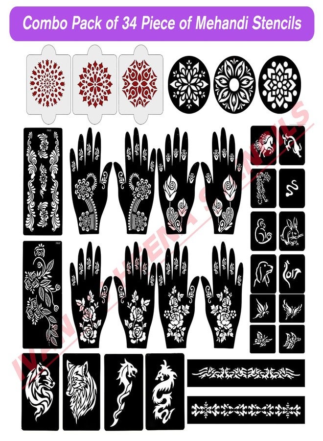 إيفاناز مجموعة إيفانا المكونة من 34 قطعة من قوالب الحناء القابلة لإعادة الاستخدام لليدين والمعصم والجسم والظهر والرقبة والوجه، عبوة كومبو من القوالب للنساء والفتيات والأطفال، سهلة الاستخدام في 4 خطوات فقط، مجموعة تصميم هندي، A2028 - Image 2