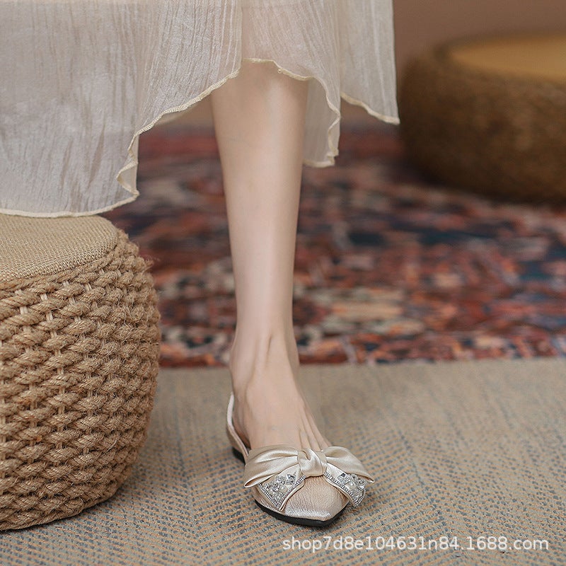 أحذية مسطحة منخفضة الكعب ذات فم ضيق مدبب للنساء، أنيقة مع لؤلؤة وزر قوس - Image 5