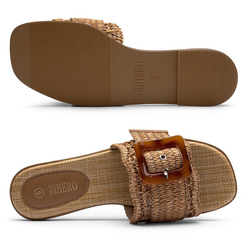 Rihero Raffia Flat Sandals for Women Slip On Beach Slides Square Toe Summer Buckle Fashion Woven Sandals Dark Brown Size 8.5 - Image 5