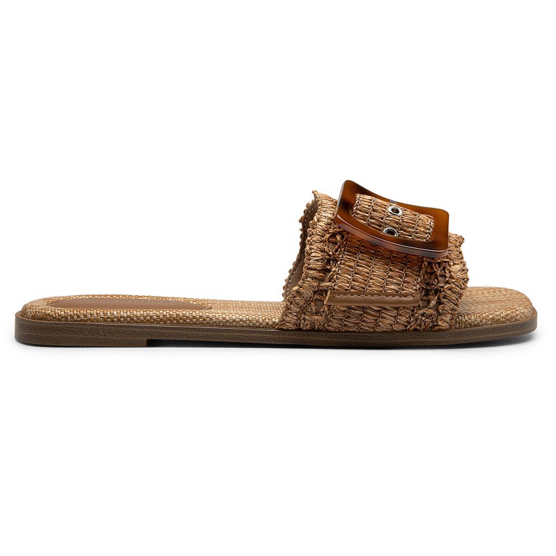 Rihero Raffia Flat Sandals for Women Slip On Beach Slides Square Toe Summer Buckle Fashion Woven Sandals Dark Brown Size 8.5 - Image 3
