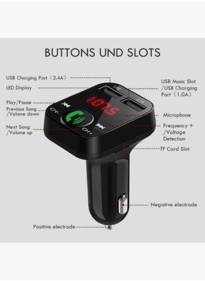2 in 1 FM Transmitter, Bluetooth 4.2, USB and MicroSD ports, A Hands-free Kit, Built-in Microphone and LCD Display, High-quality PC Material, Wireless Call