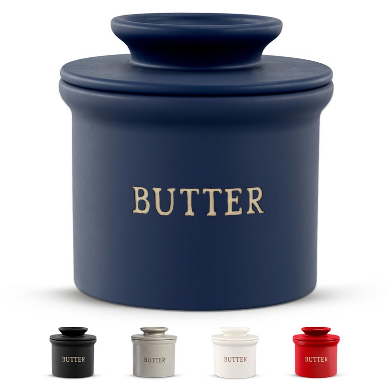 Kook Butter Crock with Lid Soft Spreadable Butter Ceramic French Butter Keeper to Leave On Counter with Water Line Butter Dish Home and Kitchen Decor Perfect for Christmas Gift Navy