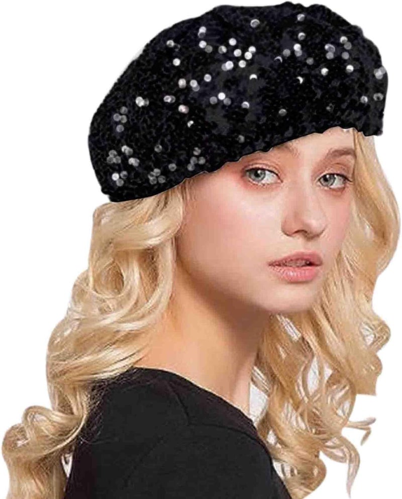 Aibearty Women Girls Sparkly Sequin Beret Hat Fashion Fun Stretch Beanie Cap Headwear for Festival Party Club Halloween - Image 1