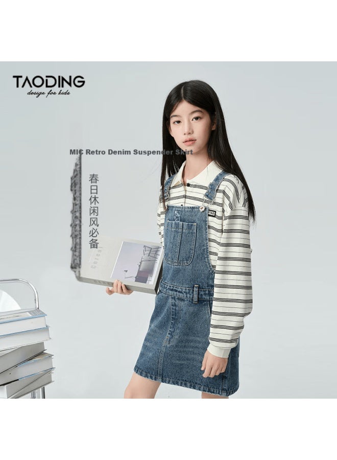 Taoting Girls' Denim Overall Dress Spring Large Kids Casual Loose Strap Dress Pee Girls' Skirt - Image 1