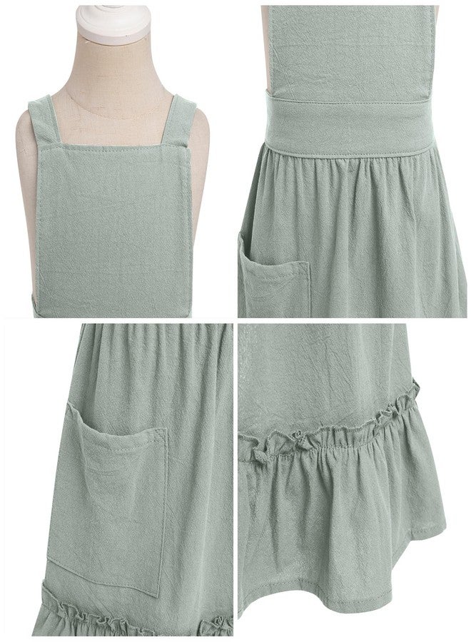 OBEEII Kids Aprons for Cooking Cotton Linen Children Baking Kitchen Apron Gardening Baking Pinafore Dress with Pockets Green 6-10 Years - Image 5