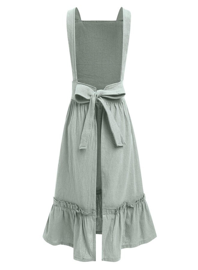 OBEEII Kids Aprons for Cooking Cotton Linen Children Baking Kitchen Apron Gardening Baking Pinafore Dress with Pockets Green 6-10 Years - Image 2