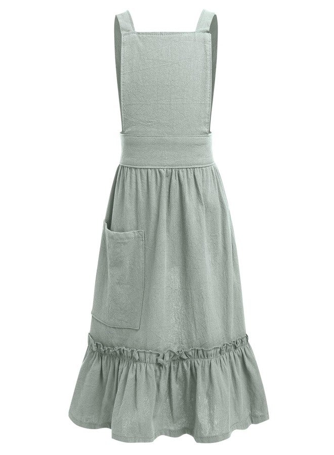 OBEEII Kids Aprons for Cooking Cotton Linen Children Baking Kitchen Apron Gardening Baking Pinafore Dress with Pockets Green 6-10 Years - Image 1