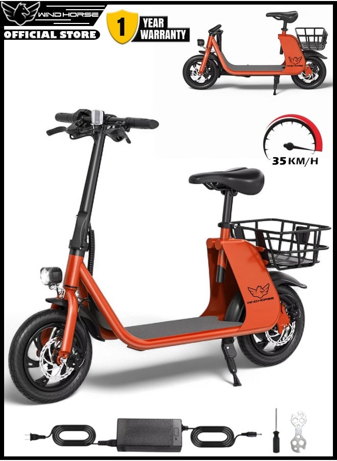 Wind Horse - Premium Foldable Electric Scooter with Seat and Rear Basket, 450W Motor, 36V 8AH Battery, 25-35 KM/h Speed, Carbon Alloy Frame, 12.5 Inches Tires, Disk Brakes, Unisex Comfortable E-Scooter for Adults - Image 1