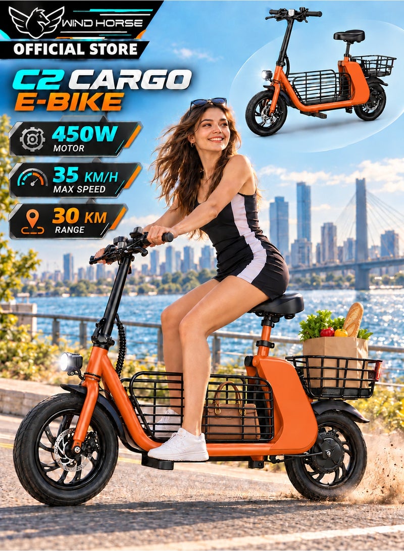 حصان الريح دراجة كهربائية C2 Cargo بمحرك 450 واط، وسرعة 35 كم/ساعة، وبطارية 36 فولت 8 أمبير/ساعة، ومدى 25–30 كم، وإطار من سبائك الألومنيوم، ومكابح قرصية مزدوجة، وسلال تخزين أمامية وخلفية كبيرة، وإطارات مقاس 12 بوصة – للتنقل اليومي والرحلات داخل المدينة - Image 1