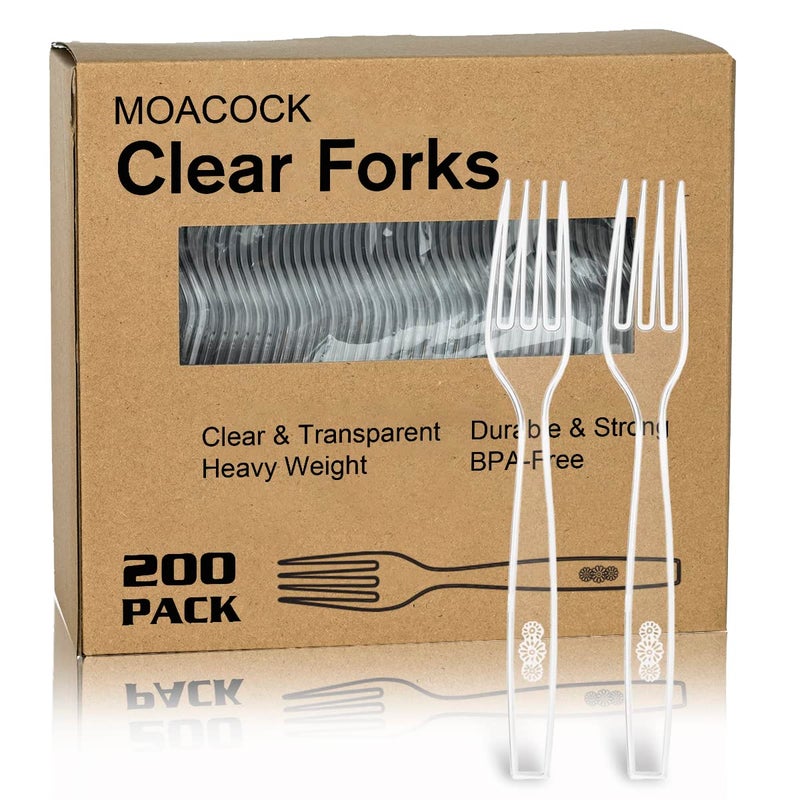MOACOCK 200 Count Clear Disposable Plastic Forks  Heavy Weight Disposable Forks Plastic Utensils for Parties  Picnics  Big Event  Daily Use - Image 1