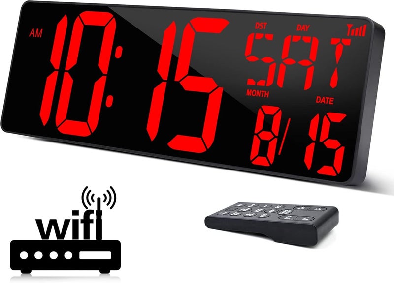 XREXS Large Digital Wall Clock WiFi Sync, 16.5 in Large Display Wall Clock with Temperature/Date/Week, LED Big Digital Timer Clock with Remote Control, Alarm Clock for Home and Office, Auto-dimming - Image 1