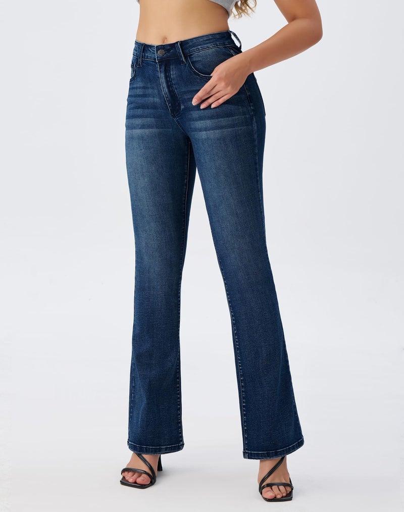 roswear Women's Trendy Stretchy Flare Jeans Mid Rise Bootcut Curvy Denim Pants Retro Blue Large - Image 2