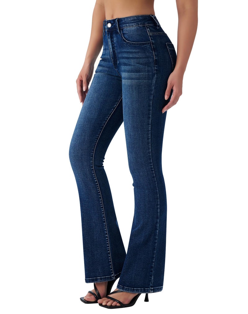 roswear Women's Trendy Stretchy Flare Jeans Mid Rise Bootcut Curvy Denim Pants Retro Blue Large - Image 1