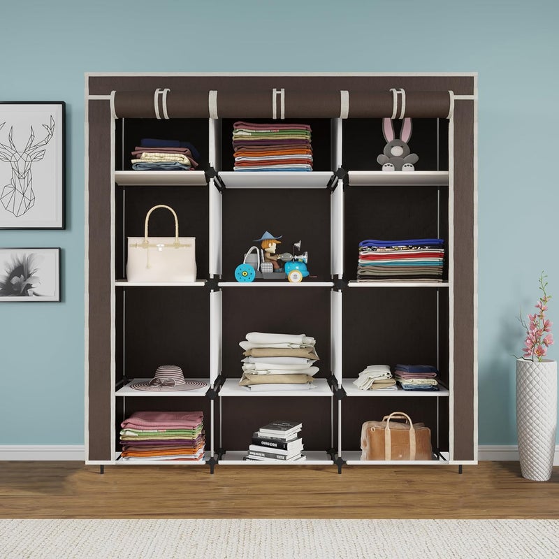 Whitecloud TRANSFORMING HOMES Whitecloud TRANSFORMING HOMES 12 Shelves Collapsible Wardrobe Storage Organizer Shelves for Clothes Portable Racks Fabric Almirah Non Rustable Iron 88250 112CM x 38 x 145CM Brown  - Image 2