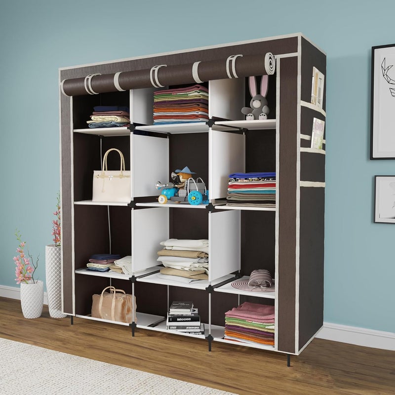 Whitecloud TRANSFORMING HOMES Whitecloud TRANSFORMING HOMES 12 Shelves Collapsible Wardrobe Storage Organizer Shelves for Clothes Portable Racks Fabric Almirah Non Rustable Iron 88250 112CM x 38 x 145CM Brown  - Image 1