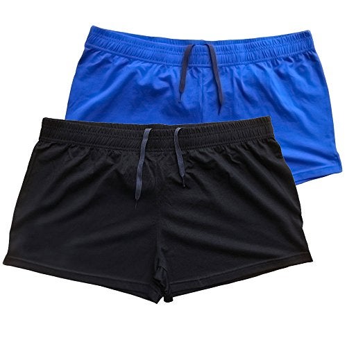 palglg Mens Bodybuilding Shorts 3 Inch Inseam Drawstring Closure Cotton PLN Black+Blue XL - Image 1