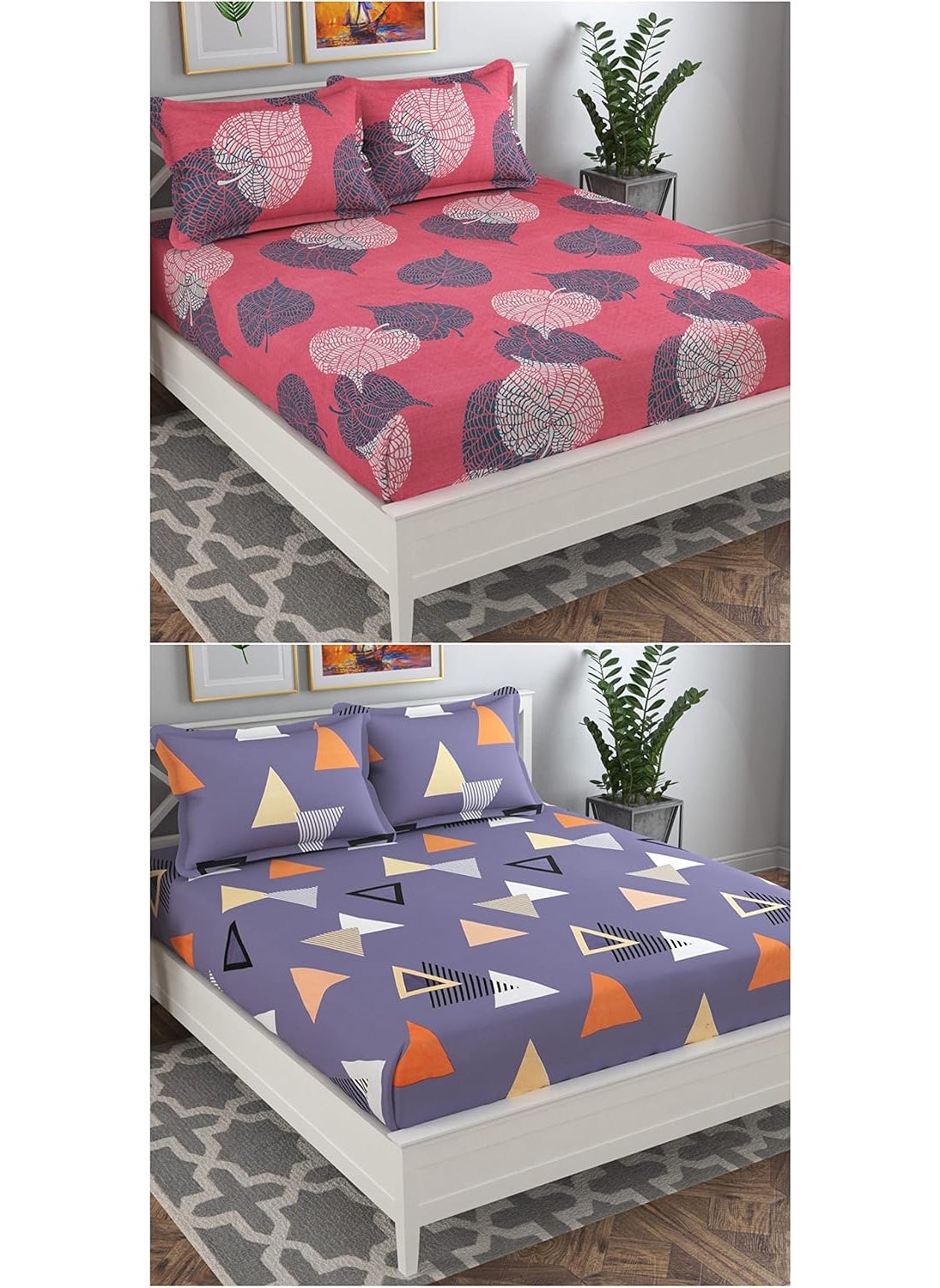 VAS COLLECTIONS - VAS COLLECTIONS Prime Collection Combo Pack of 2 Double Bedsheet with 4 Pillow Covers 160 TC Soft Brushed Glace Cotton Long Lasting Wrinkle Free 225X228 CmPink Green Blue - Image 1