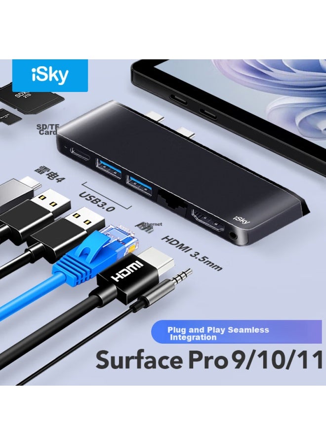 isky محطة توسيع مايكروسوفت سيرفيس برو 9/10/11، محور Usb-C، محول Usb 3.0 عالي السرعة، محول منفذ إيثرنت Rj45، واجهة صوتية، Hdmi - Image 1