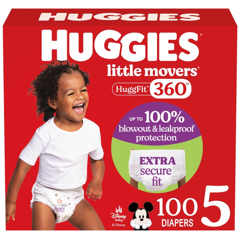 Huggies Size 5 Baby Diapers, Little Movers HuggFit 360Â° Baby Diapers with 360Â° Waistband, Size 5 (27+ lbs), 100 Count, Packaging May Vary - Image 1