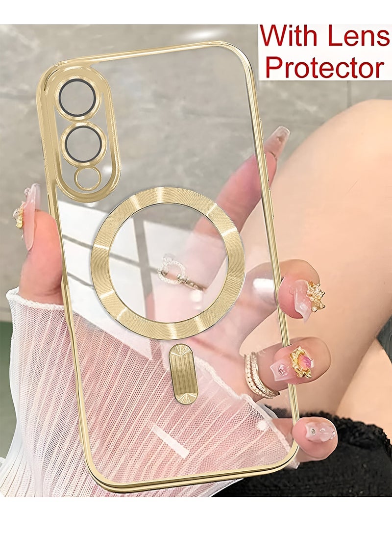 Wtech Samsung Galaxy S25 Edge 5G 2025 Magsafe PU Luxury Plating Raised Lips Camera Hole With Camera Lens Protection Case Cover - Clear/Gold - Image 5