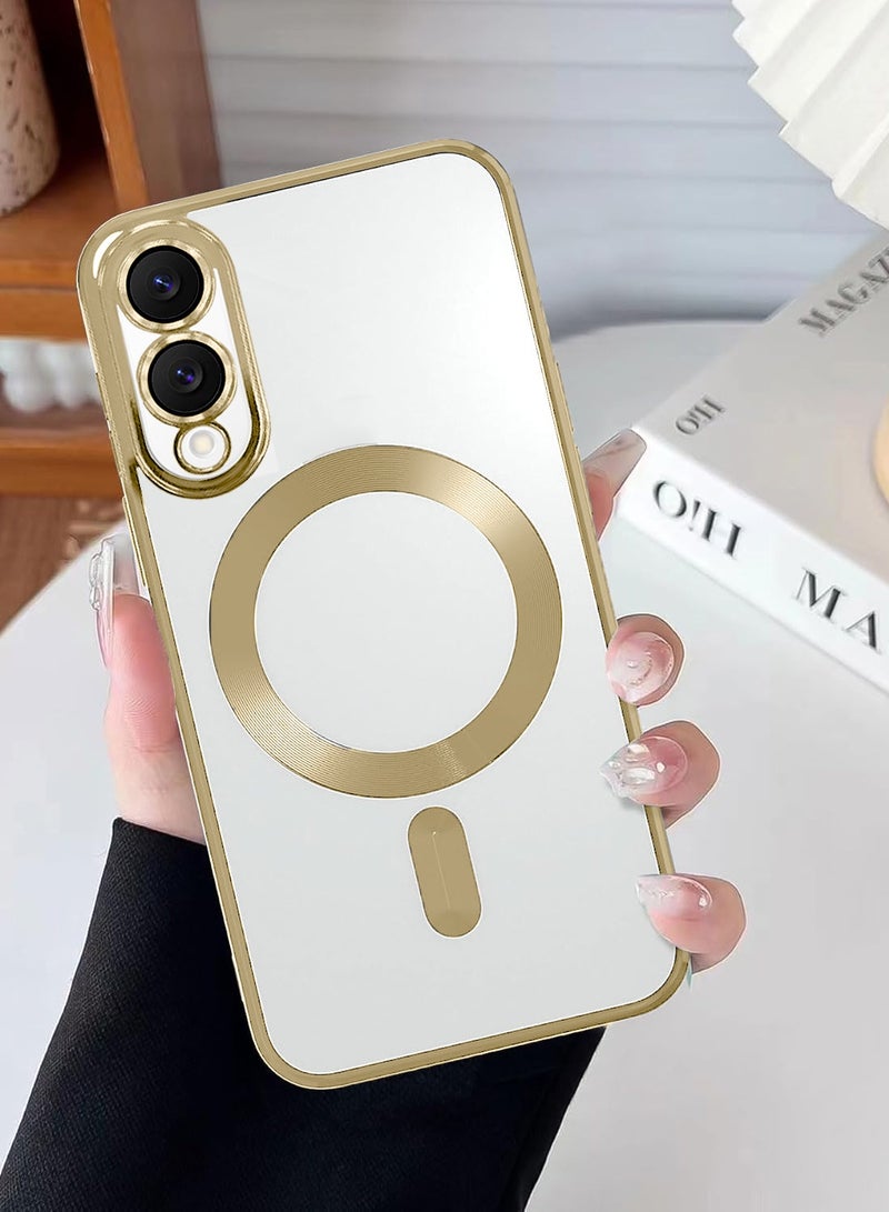 Wtech Samsung Galaxy S25 Edge 5G 2025 Magsafe PU Luxury Plating Raised Lips Camera Hole With Camera Lens Protection Case Cover - Clear/Gold - Image 4