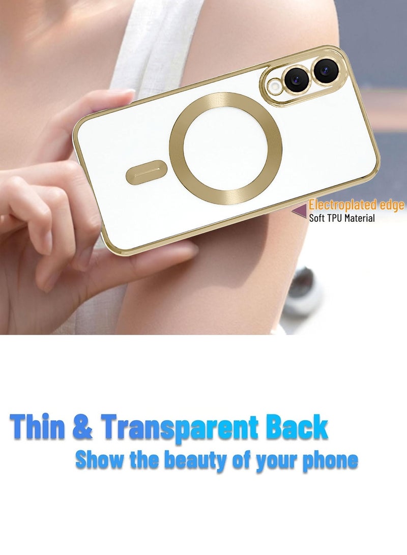 Wtech Samsung Galaxy S25 Edge 5G 2025 Magsafe PU Luxury Plating Raised Lips Camera Hole With Camera Lens Protection Case Cover - Clear/Gold - Image 2