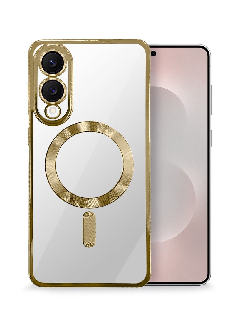 Wtech Samsung Galaxy S25 Edge 5G 2025 Magsafe PU Luxury Plating Raised Lips Camera Hole With Camera Lens Protection Case Cover - Clear/Gold - Image 1