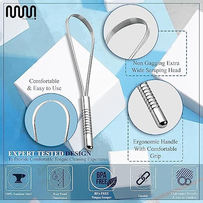 MasterMedi Tongue Scraper, Bad Breath Treatment for Adults & Kids, Medical Grade 100% Stainless Steel Tongue Scrapers for Oral Care, Easy to Use Tongue Cleaner with Ergonomic Design for Hygiene - Image 3
