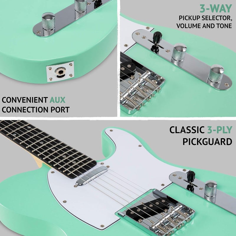 LyxPro 39” Electric Guitar TL Series, Full-Size Paulownia Wood Body, 3-Ply Pickguard, C-Shape Neck, Ashtray Bridge, Quality Gear Tuners, 3-Way Switch & Volume/Tone Controls, 2 Picks Included, Green - Image 3