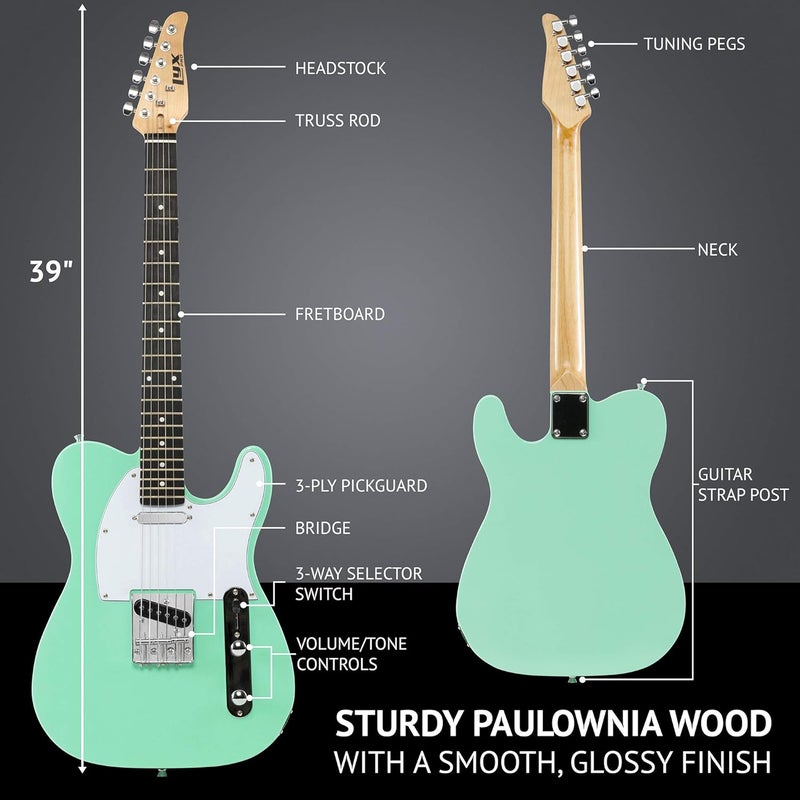 LyxPro 39” Electric Guitar TL Series, Full-Size Paulownia Wood Body, 3-Ply Pickguard, C-Shape Neck, Ashtray Bridge, Quality Gear Tuners, 3-Way Switch & Volume/Tone Controls, 2 Picks Included, Green - Image 5