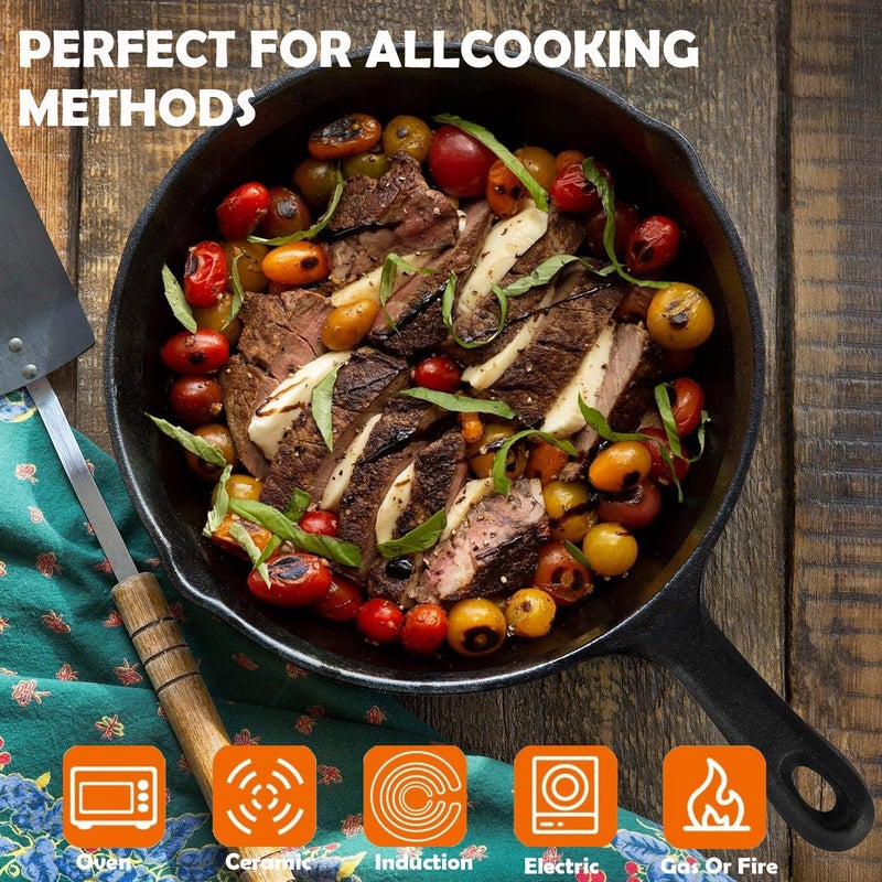 مقلاة من الحديد الزهر معدة مسبقًا من وينسويا، 3 قطع من أواني القلي غير اللاصقة للمطبخ، مجموعة مقلاة مع مقابض سيليكون وفرشاة زيت لجميع أنواع المواقد، 10/8/6 بوصة (أسود) - Image 5