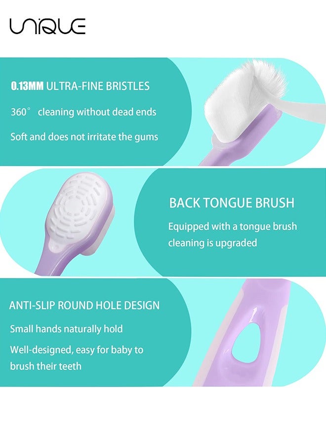 يونيك فرشاة أسنان للأطفال من سن 3 إلى 12 سنة ، فرشاة أسنان نانو بيبي 4 قطع مع منظف اللسان ، فرشاة أسنان لطيفة للأطفال لمدة 12 شهرا ، فرشاة أسنان فائقة النعومة مع شعيرات خيط تنظيف ناعمة 10000 للعناية باللثة للأطفال - Image 2