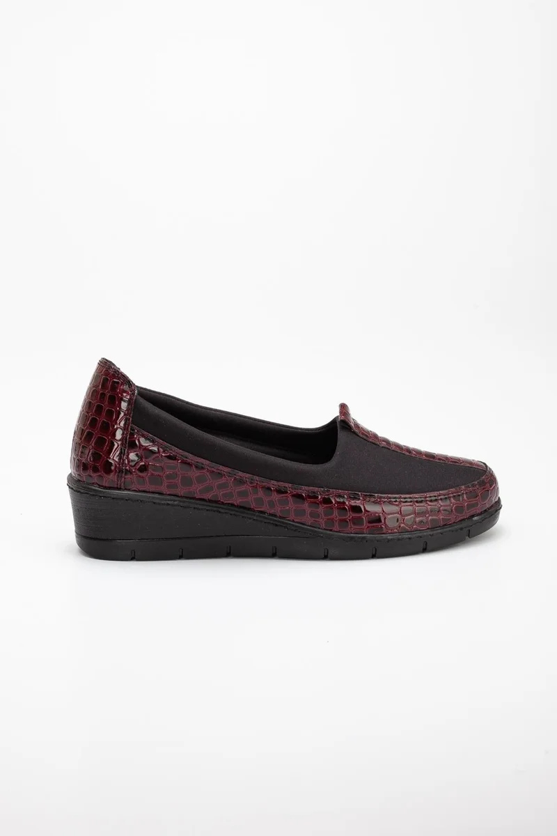 Dilimler Ayakkabı Slices Shoes Leather Patent Leather and Diver Material Claret Red Large Size Women's Shoes Casual
